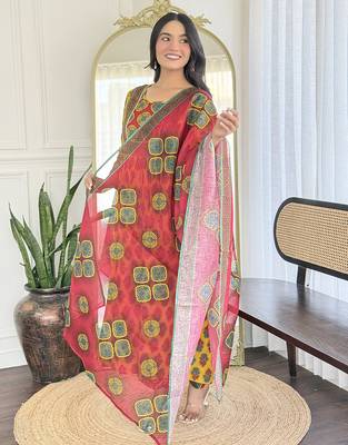 rayon printed flared kurta set with pant & linen printed dupatta 2