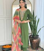 rayon embroidered straight kurta set with pant & taby laced dupatta