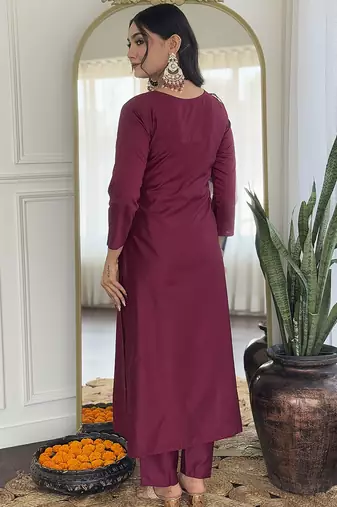 rayon embroidered straight kurta set with pant & taby printed dupatta