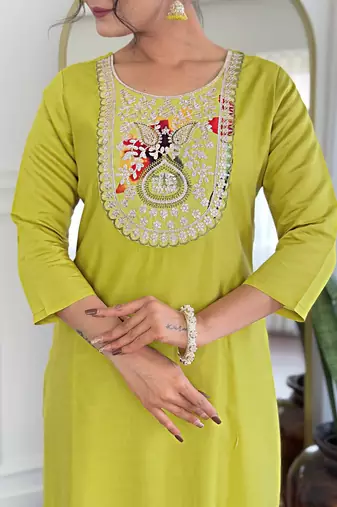 Women   s rayon embroidered straight kurta set with pant & taby printed dupatta