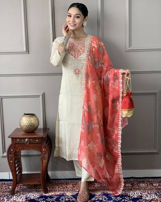 cream-gold chanderi silk blend embroidered kurta set with pant & printed silk blend dupatta 1