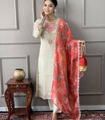cream-gold chanderi silk embroidered kurta set with pant & printed silk dupatta