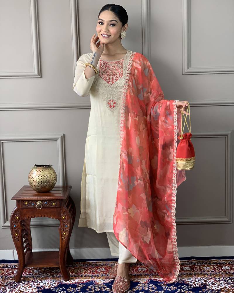 Women’s cream-gold chanderi silk embroidered kurta set with pant & printed silk dupatta