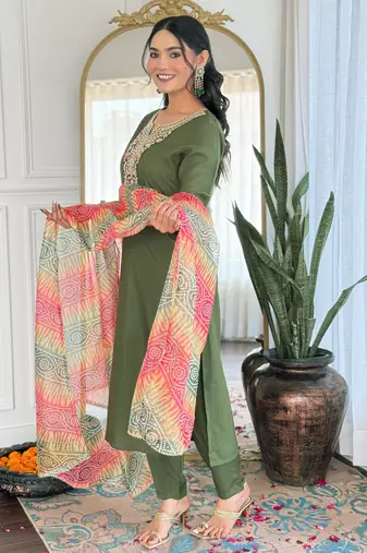 rayon embroidered straight kurta set with pant & taby laced dupatta
