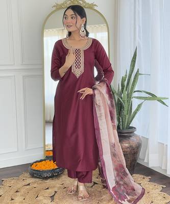 rayon embroidered straight kurta set with pant & taby printed dupatta 5
