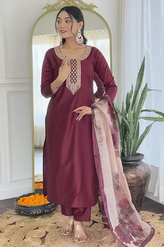 rayon embroidered straight kurta set with pant & taby printed dupatta