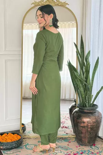 rayon embroidered straight kurta set with pant & taby laced dupatta