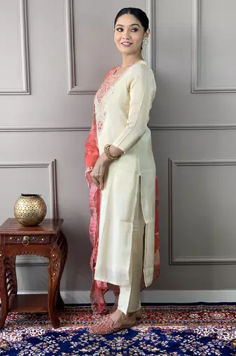 cream-gold chanderi silk embroidered kurta set with pant & printed silk dupatta