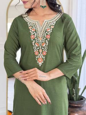 rayon embroidered straight kurta set with pant & taby laced dupatta 4