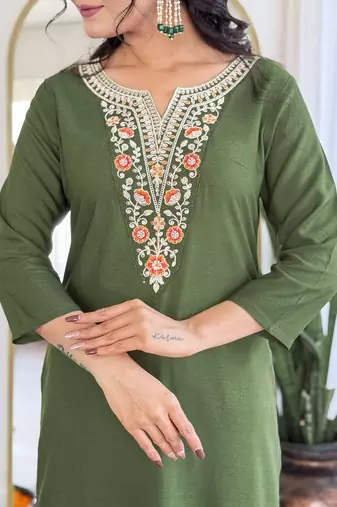 rayon embroidered straight kurta set with pant & taby laced dupatta