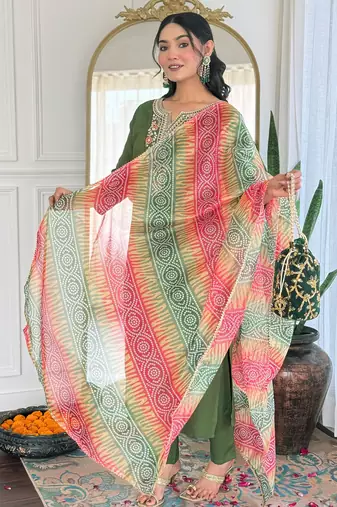 rayon embroidered straight kurta set with pant & taby laced dupatta