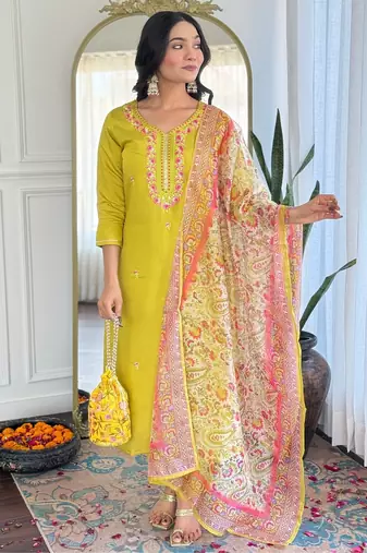 Women’s rayon embroidered straight kurta set with pant & taby printed dupatta