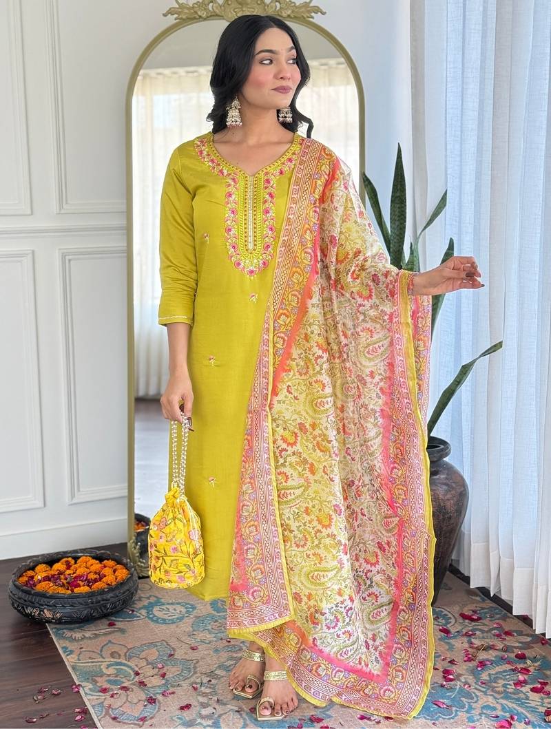 Women’s rayon embroidered straight kurta set with pant & taby printed dupatta