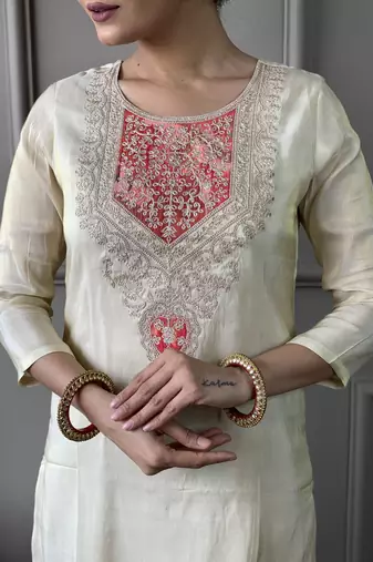 cream-gold chanderi silk embroidered kurta set with pant & printed silk dupatta