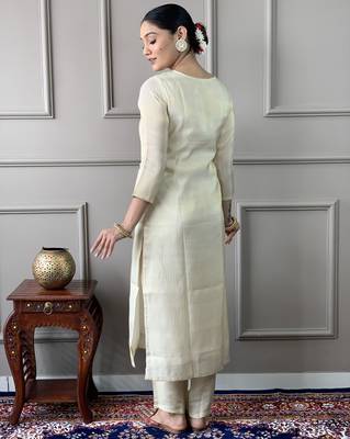 cream-gold chanderi silk blend embroidered kurta set with pant & printed silk blend dupatta 4