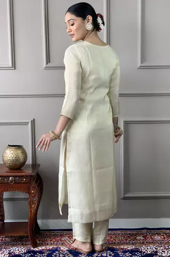 cream-gold chanderi silk embroidered kurta set with pant & printed silk dupatta