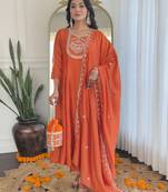orange vichitra silk embroidered kurta set with rayon pant & dupatta