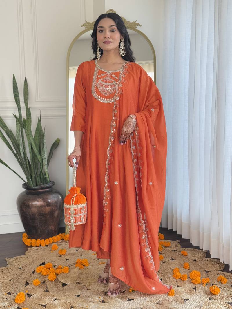 Women’s orange vichitra silk embroidered kurta set with rayon pant & dupatta