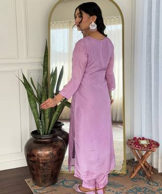 lavender rayon embroidered straight kurta set with pant & taby printed dupatta 3