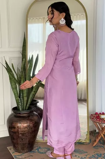 lavender rayon embroidered straight kurta set with pant & taby printed dupatta