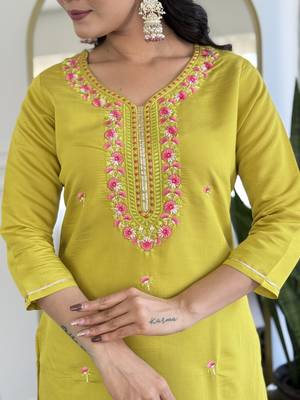rayon embroidered straight kurta set with pant & taby printed dupatta 4