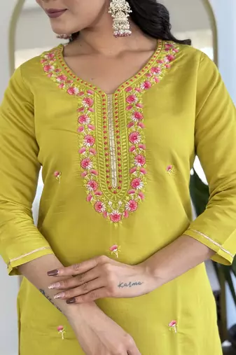 rayon embroidered straight kurta set with pant & taby printed dupatta