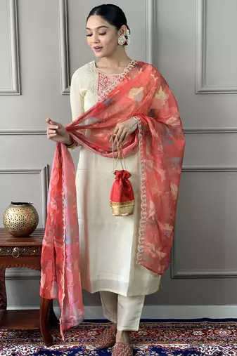cream-gold chanderi silk embroidered kurta set with pant & printed silk dupatta