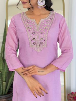 lavender rayon embroidered straight kurta set with pant & taby printed dupatta 4