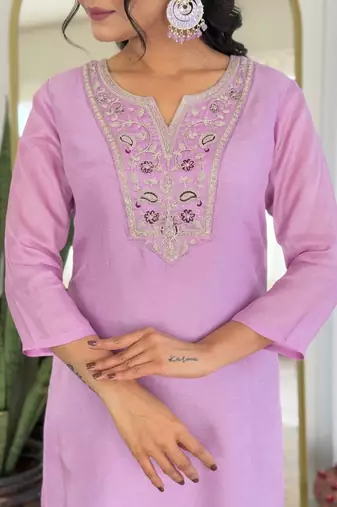 lavender rayon embroidered straight kurta set with pant & taby printed dupatta