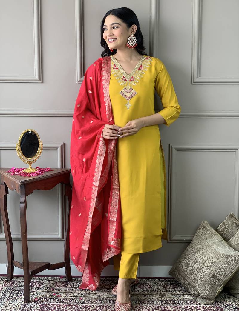 Women’s mustard chanderi embroidered kurta set with pant & viscose jacquard dupatta