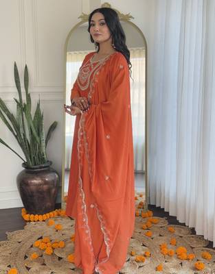 orange vichitra silk blend embroidered kurta set with rayon pant & dupatta 2