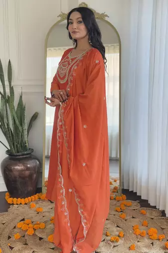 orange vichitra silk embroidered kurta set with rayon pant & dupatta