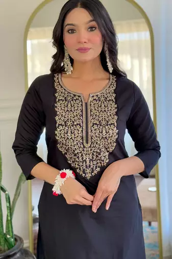 stylish embroidered straight kurta set in viscose with pant & dupatta
