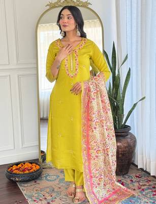 rayon embroidered straight kurta set with pant & taby printed dupatta 5