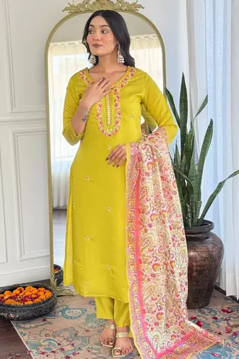 rayon embroidered straight kurta set with pant & taby printed dupatta