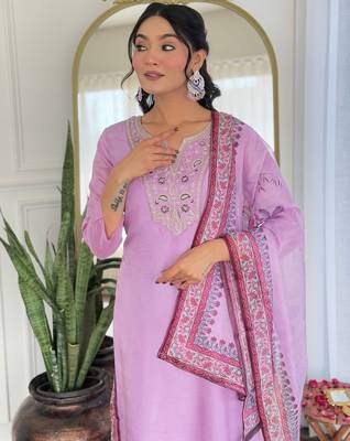 lavender rayon embroidered straight kurta set with pant & taby printed dupatta 5