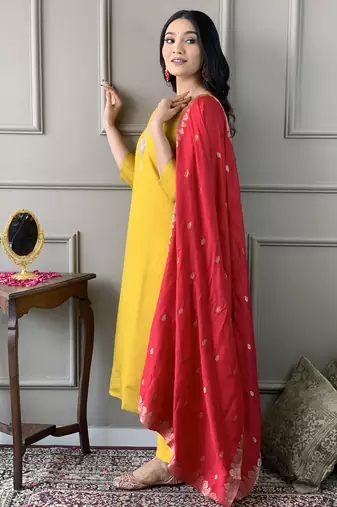 mustard chanderi embroidered kurta set with pant & viscose jacquard dupatta