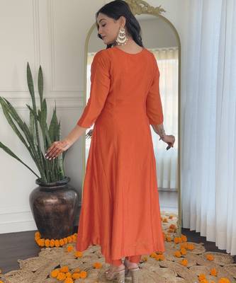 orange vichitra silk blend embroidered kurta set with rayon pant & dupatta 3