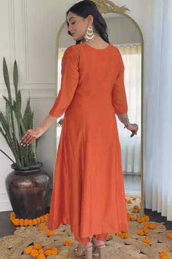 orange vichitra silk embroidered kurta set with rayon pant & dupatta