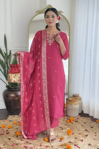 Women’s viscose silk embroidered straight kurta set with pant & viscose jacquard printed dupatta