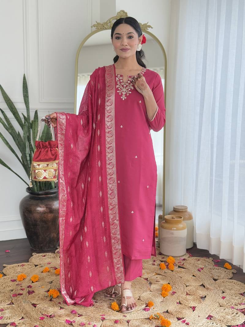 Women’s viscose silk embroidered straight kurta set with pant & viscose jacquard printed dupatta
