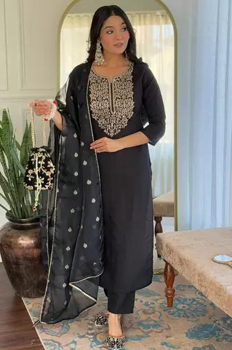 stylish embroidered straight kurta set in viscose with pant & dupatta