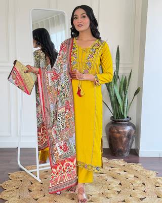 ethnic viscose kurta set with embroidery, bsy pant & art silk blend printed dupatta 1