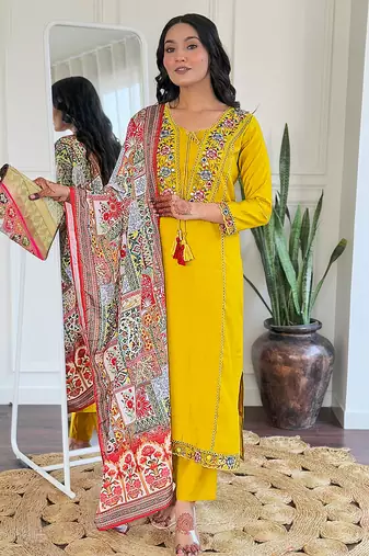 Women’s ethnic viscose kurta set with embroidery, bsy pant & art silk printed dupatta
