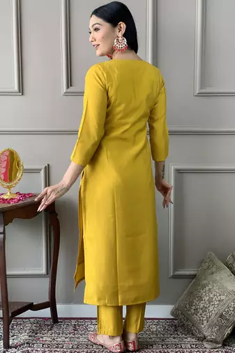 mustard chanderi embroidered kurta set with pant & viscose jacquard dupatta