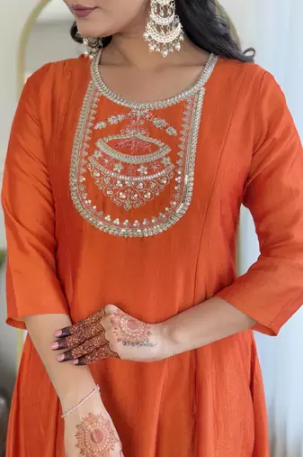 orange vichitra silk embroidered kurta set with rayon pant & dupatta