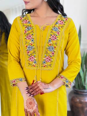 ethnic viscose kurta set with embroidery, bsy pant & art silk blend printed dupatta 3