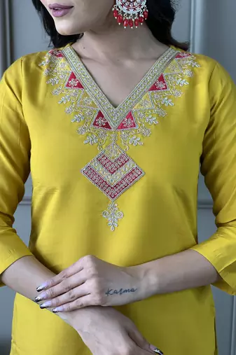 mustard chanderi embroidered kurta set with pant & viscose jacquard dupatta