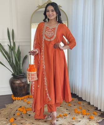 orange vichitra silk blend embroidered kurta set with rayon pant & dupatta 5