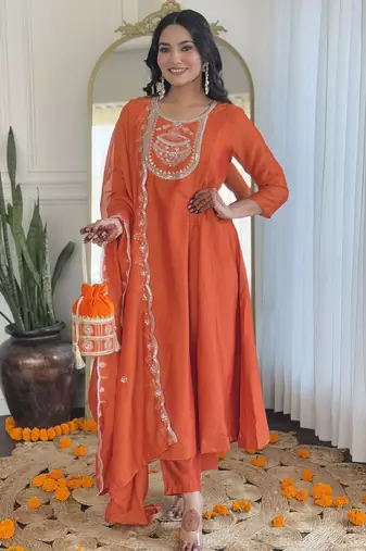 orange vichitra silk embroidered kurta set with rayon pant & dupatta